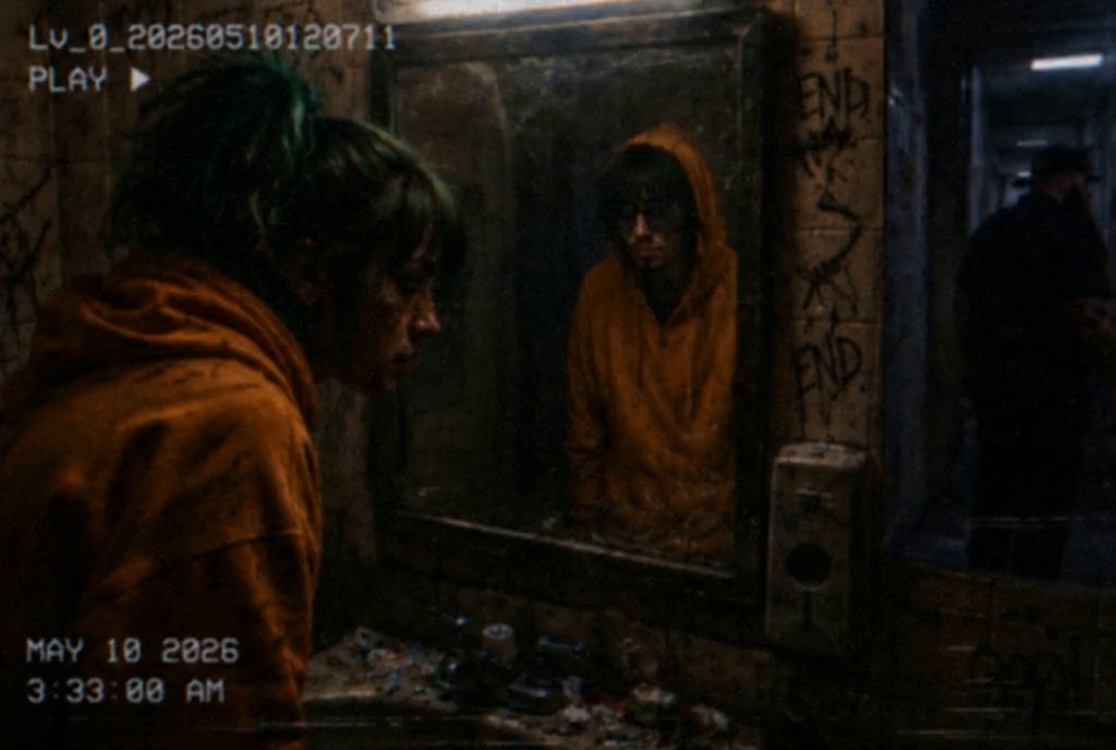 Trin facing a damaged mirror in an abandoned room