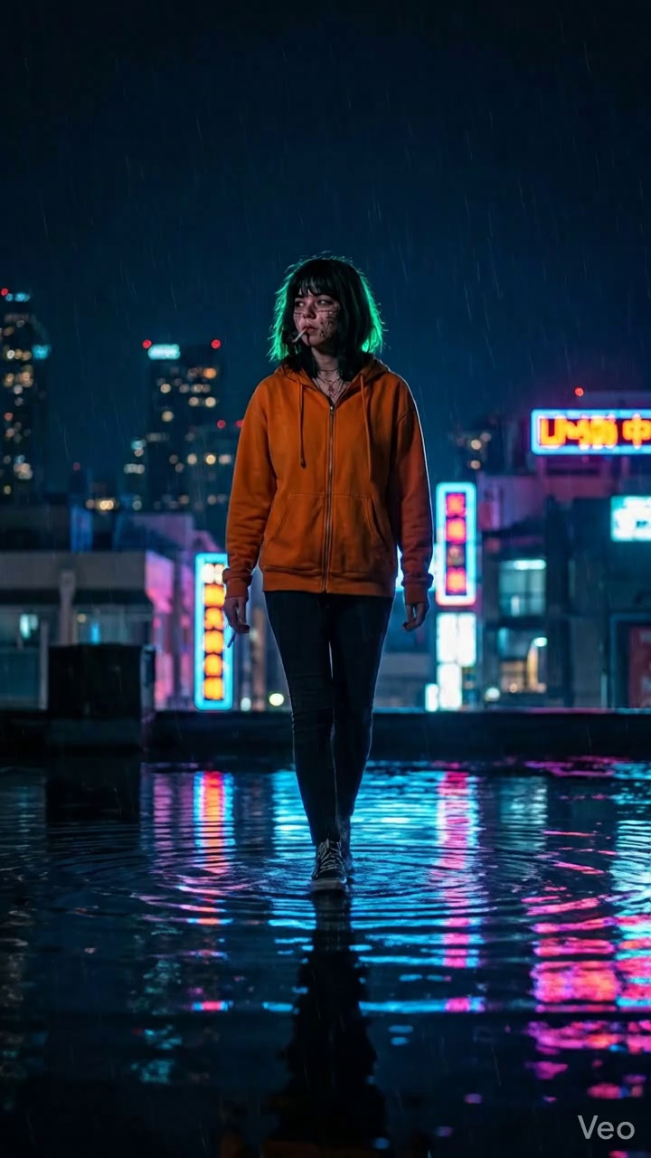 Trin walking through a rain-soaked neon city